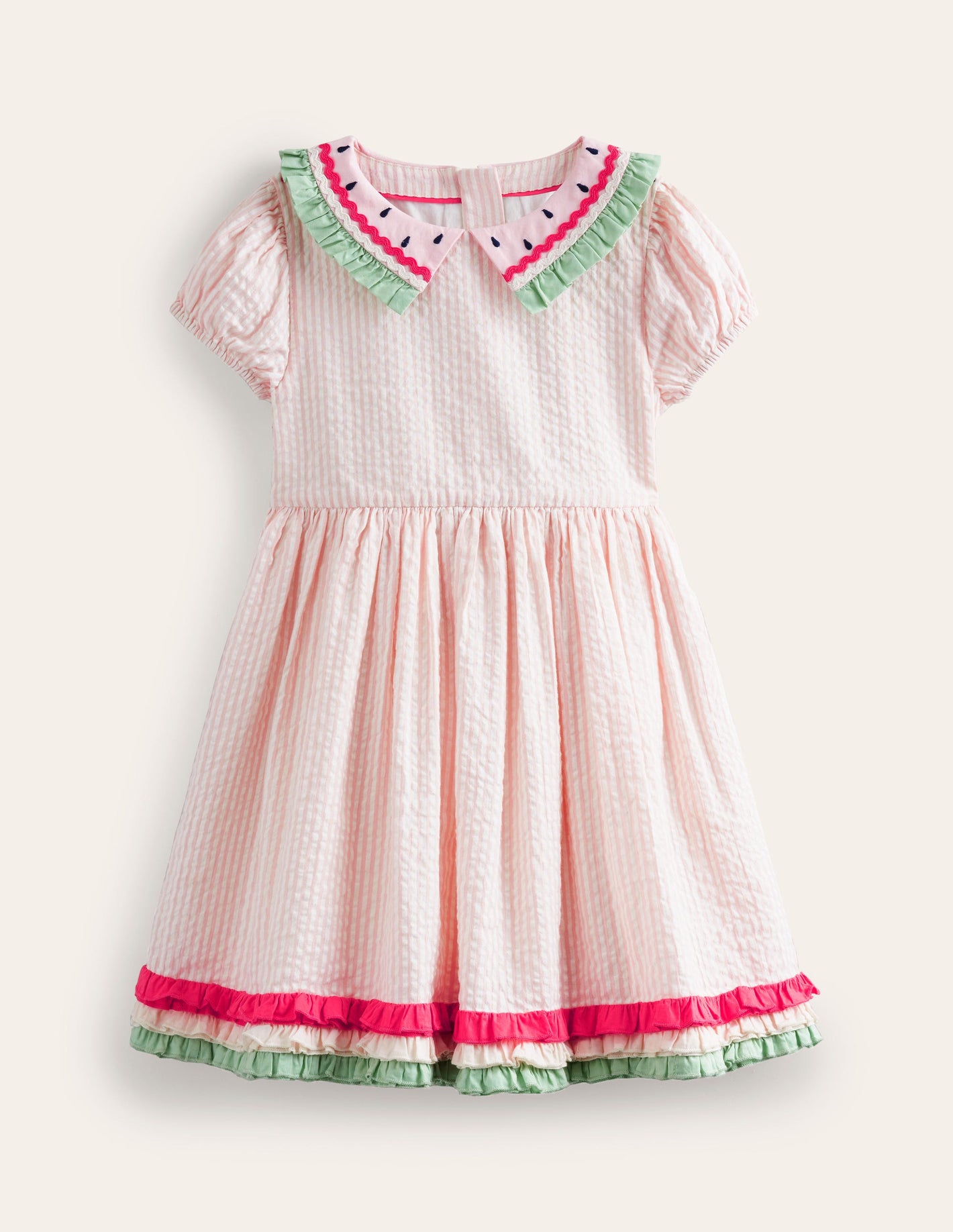 Collared Seersucker Dress-Ballet Pink/ Ivory Stripe