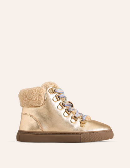 Cosy Leather Lace Up Boots-Pale Gold