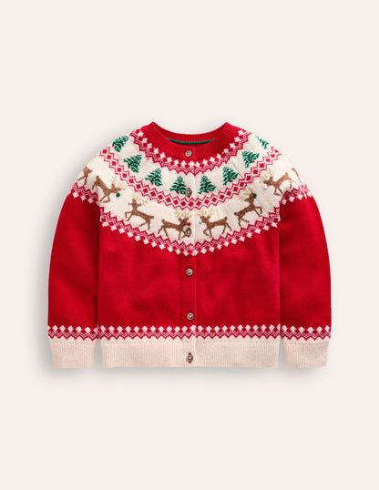 Edie Fair Isle Cardigan -Poppy Red Reindeer