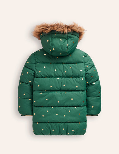 Longline Padded Coat-Jewel Green Gold Foil Confetti