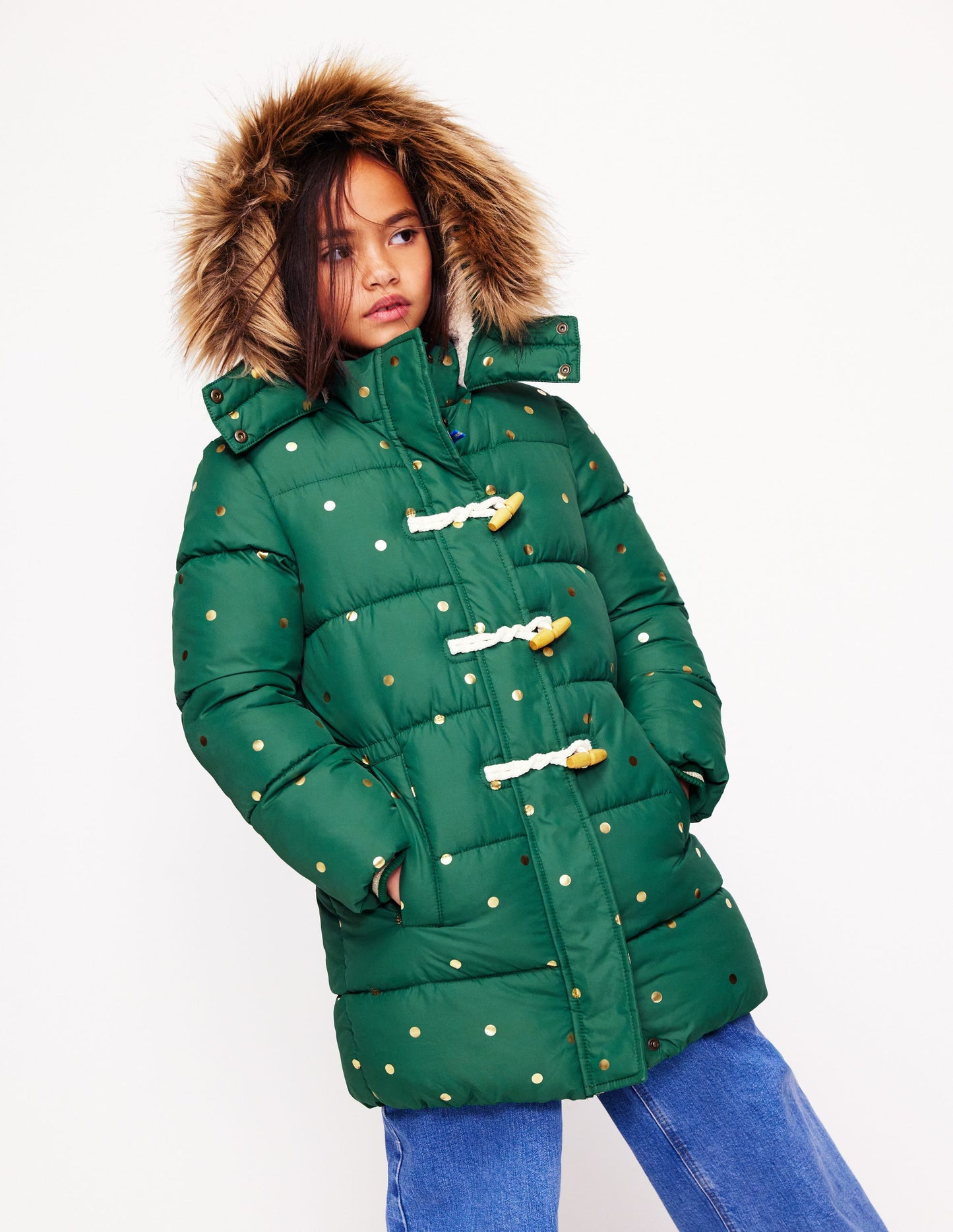 Longline Padded Coat-Jewel Green Gold Foil Confetti