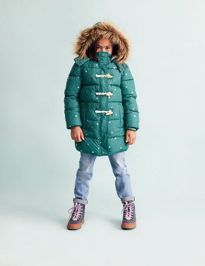 Longline Padded Coat-Jewel Green Gold Foil Confetti