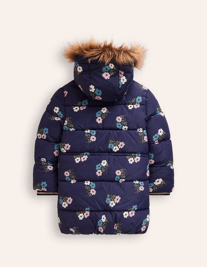 Longline Padded Coat -College Navy Posy