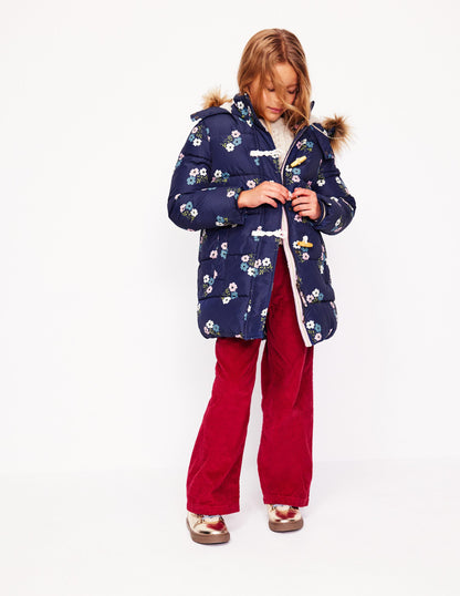 Longline Padded Coat -College Navy Posy