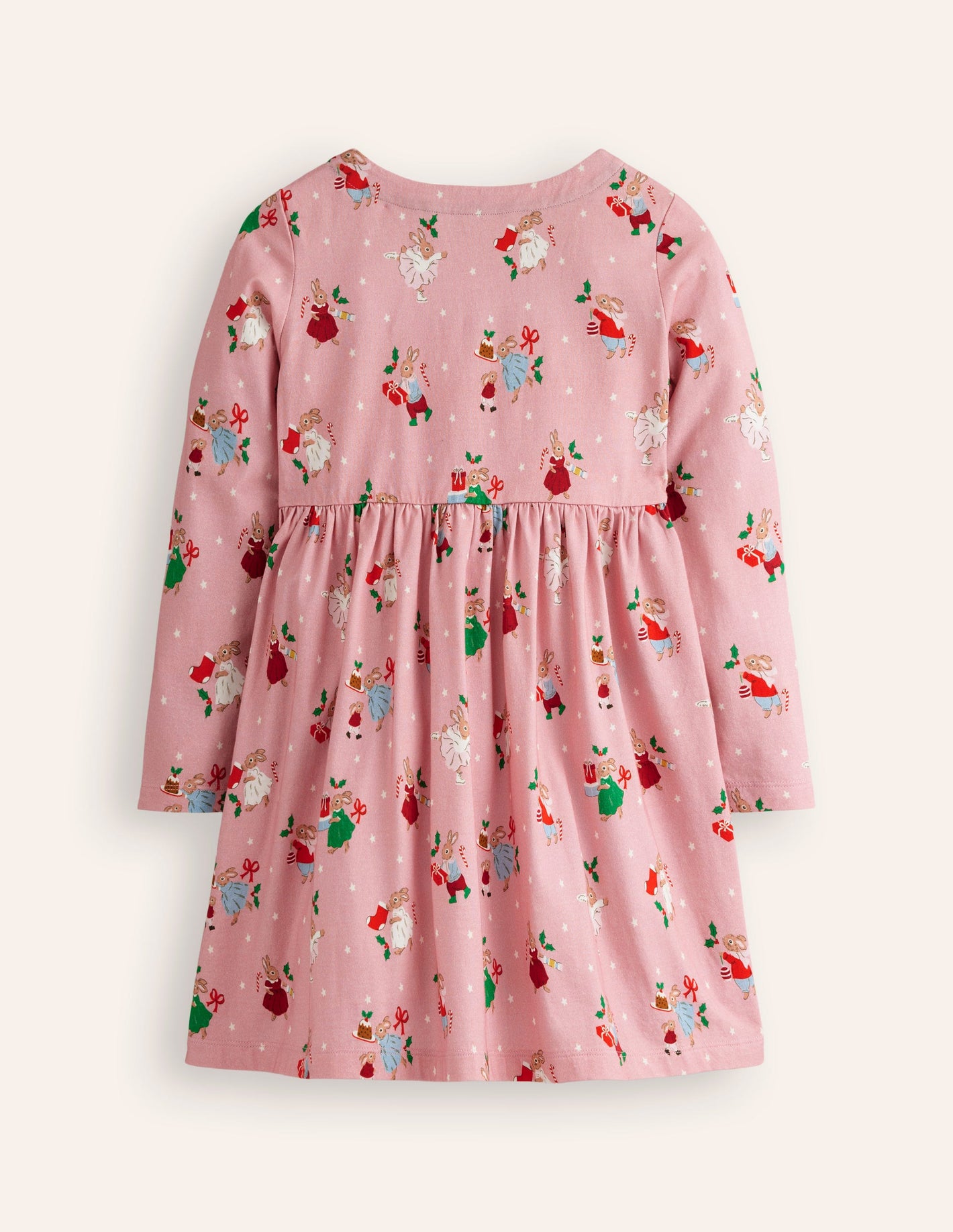 Long-Sleeved Fun Jersey Dress -Vintage Pink Festive Bunny