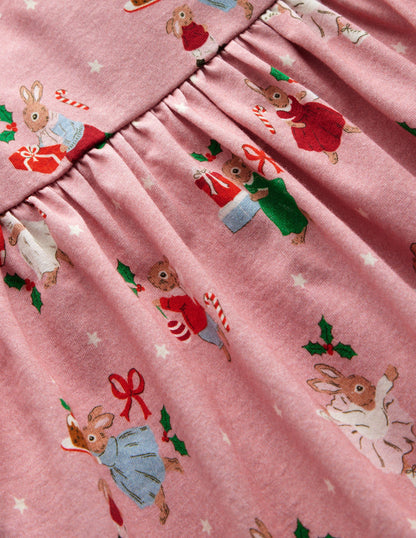 Long-Sleeved Fun Jersey Dress -Vintage Pink Festive Bunny