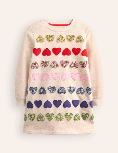 Sweatshirt Appliqué Dress -Oatmeal Marl Heart