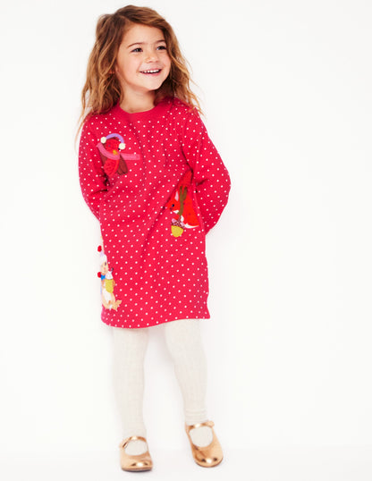 Sweatshirt Appliqué Dress -Rose Pink Pin Spot Animals