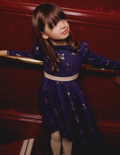 Mabel Twirly Ballerina Dress-College Navy Gold Foil Cats