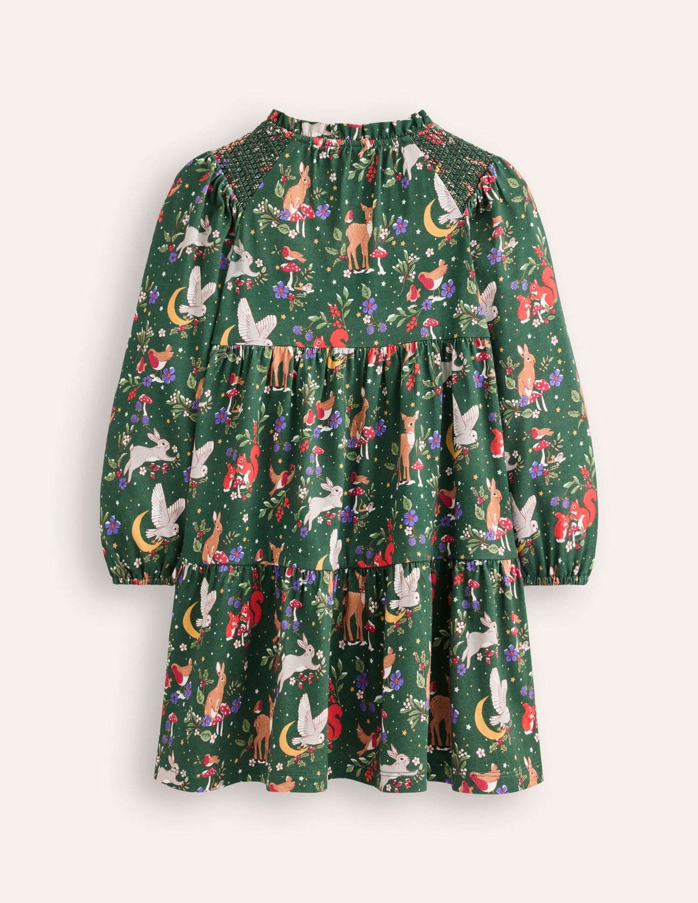 Tiered Jersey Dress-Pine Festive Woodland