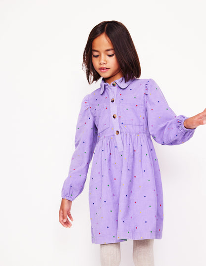 Puff Sleeve Shirt Dress-Aster Purple Embroidered Spot