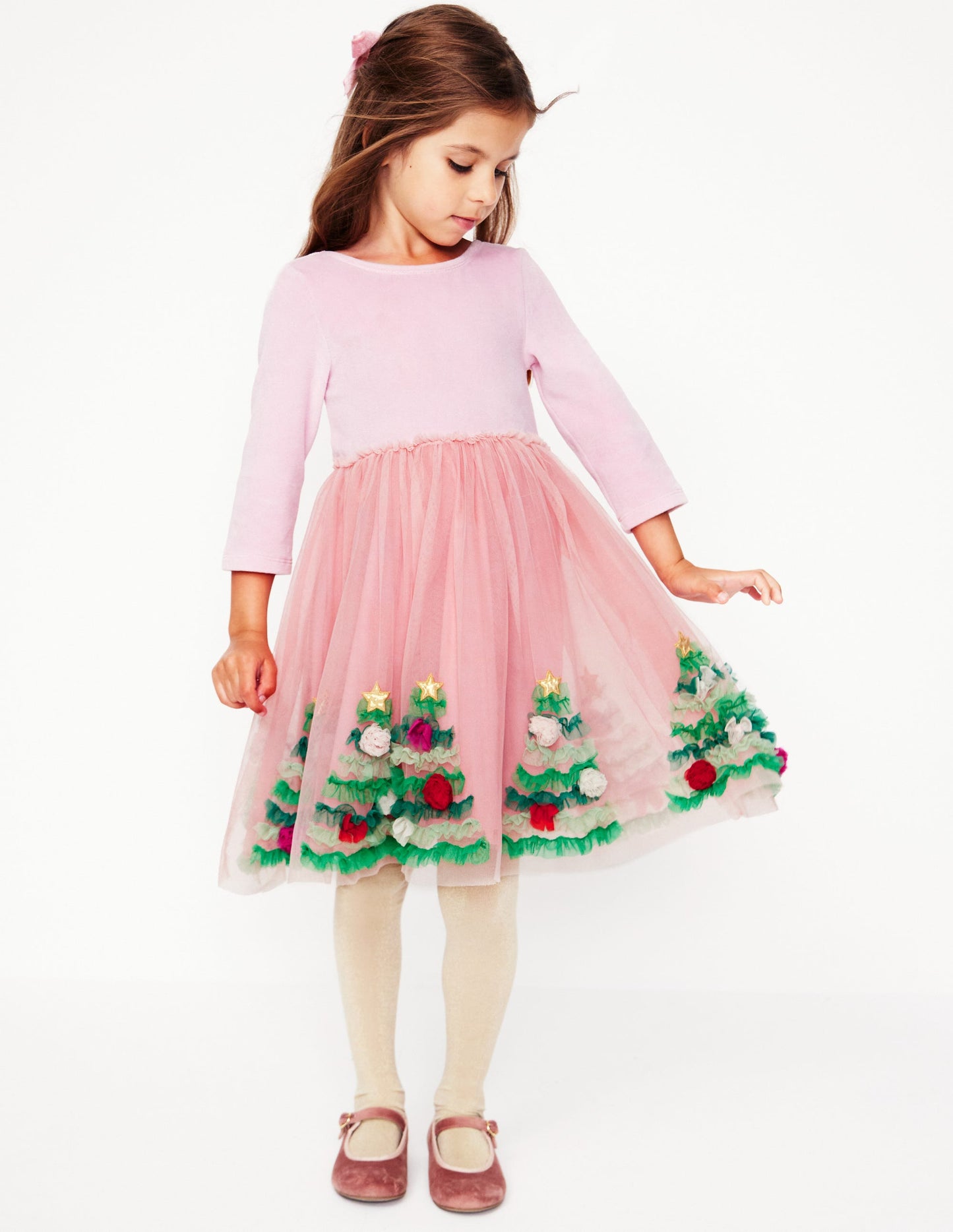 Velvet Tulle Appliqué Dress -Vintage Pink Christmas Trees