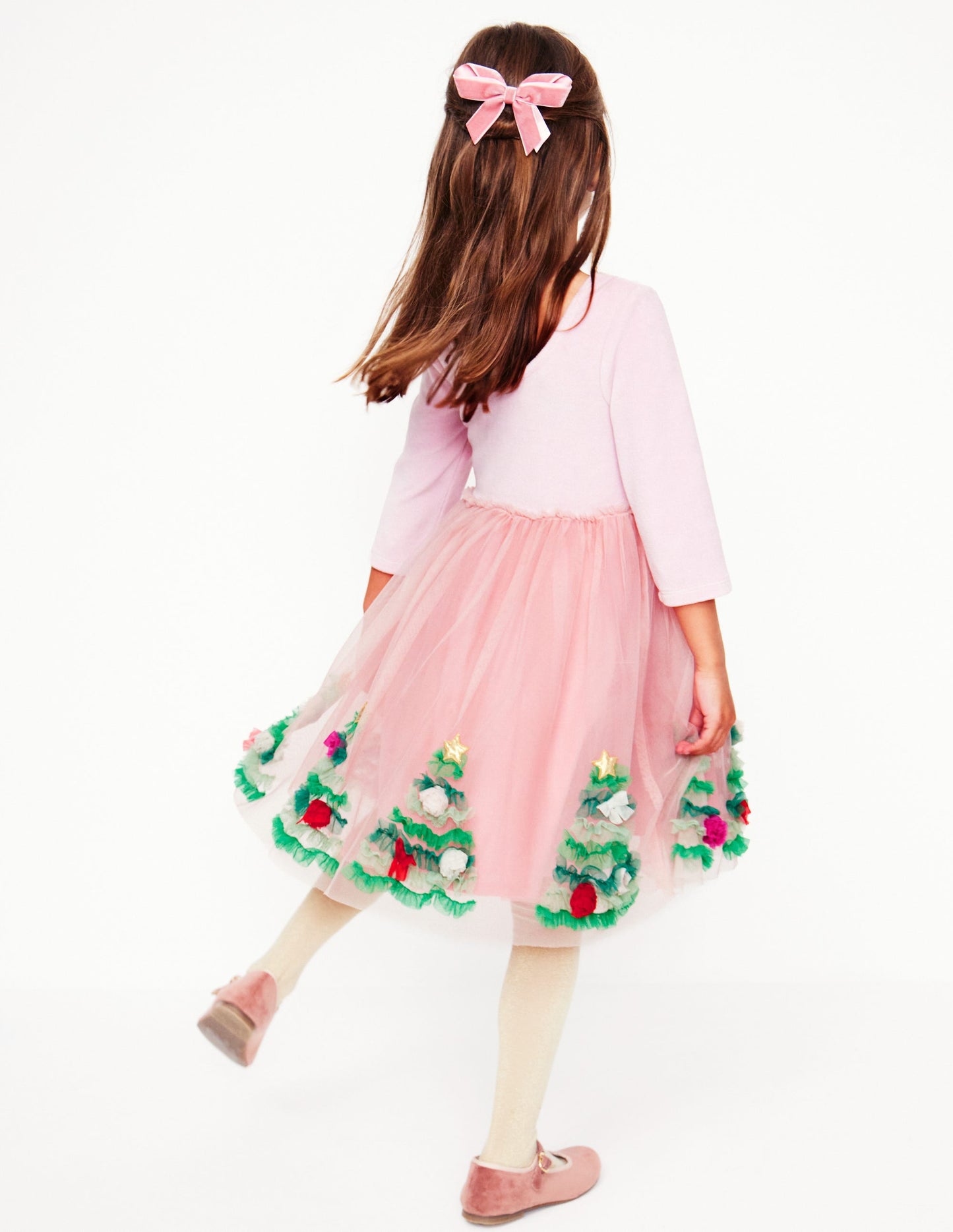 Velvet Tulle Appliqué Dress -Vintage Pink Christmas Trees