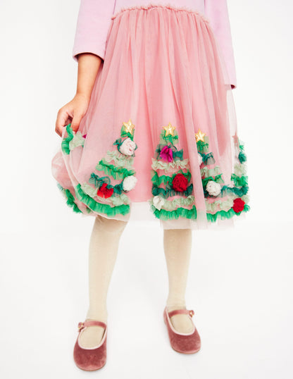 Velvet Tulle Appliqué Dress -Vintage Pink Christmas Trees