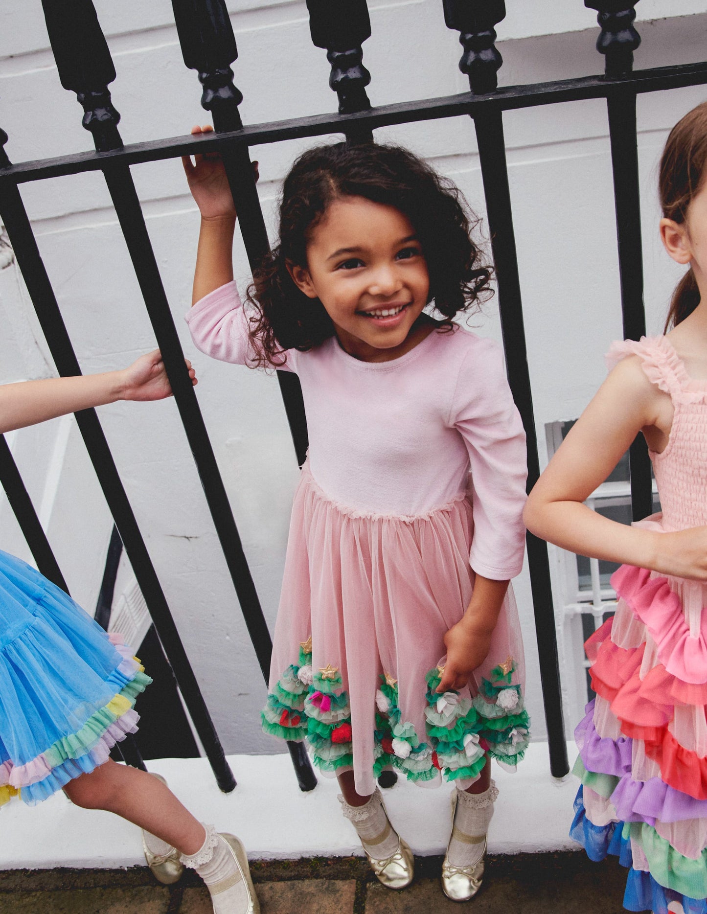 Velvet Tulle Appliqué Dress -Vintage Pink Christmas Trees