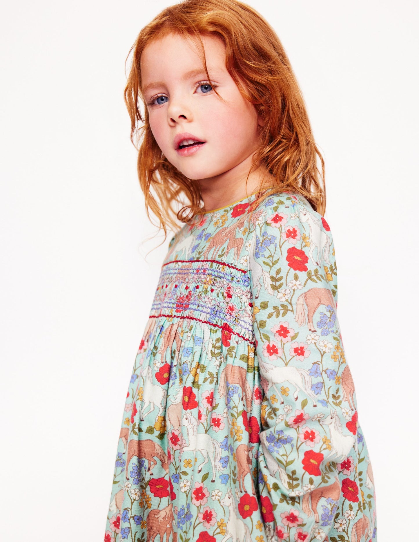 Bess Cosy Smocked Dress -Blue Frost Pony Floral