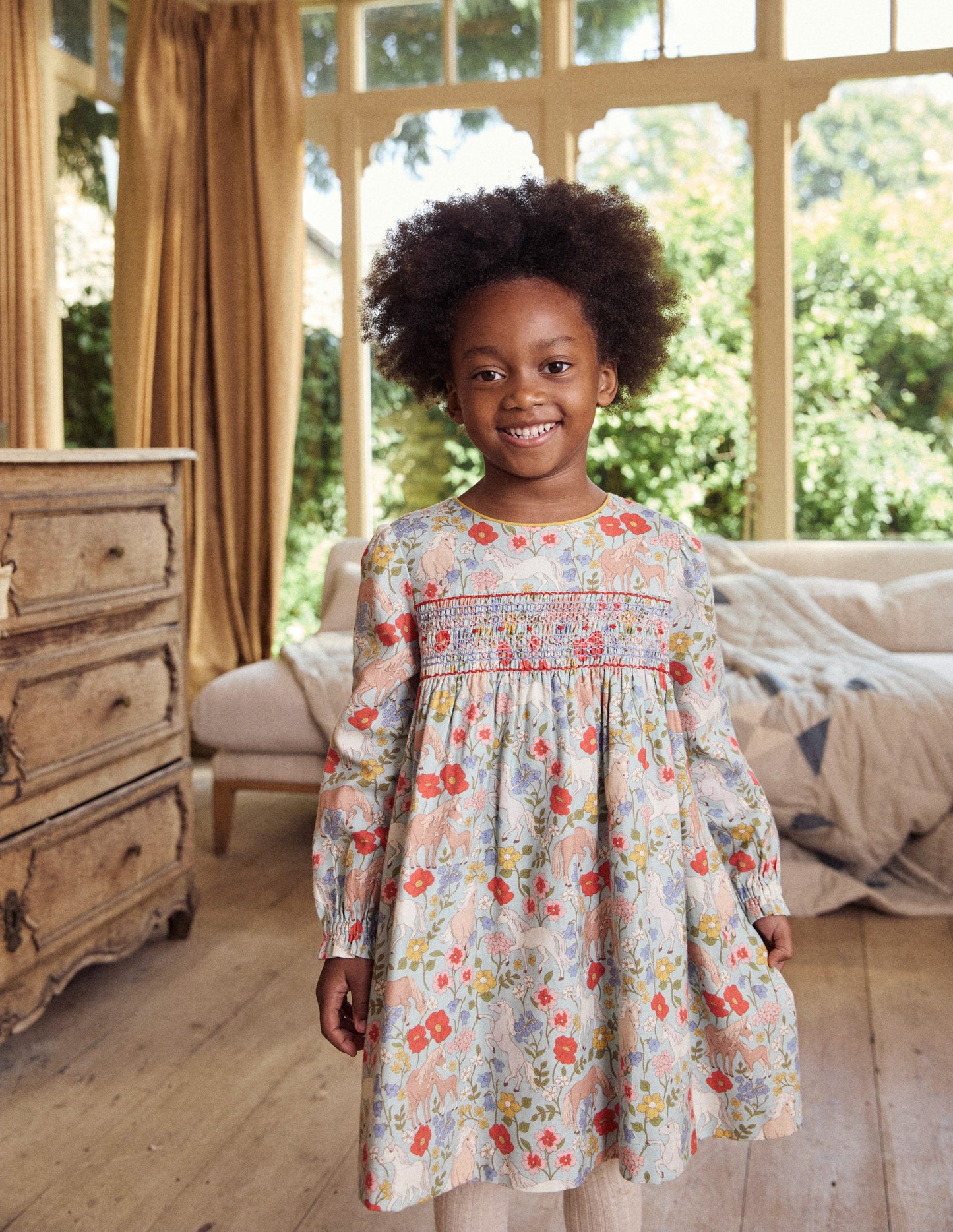 Bess Cosy Smocked Dress -Blue Frost Pony Floral