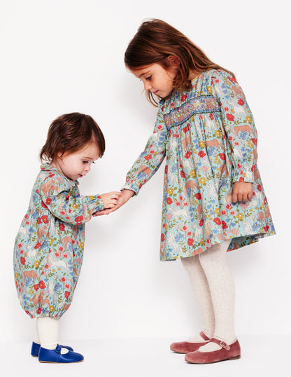 Bess Cosy Smocked Dress -Blue Frost Pony Floral