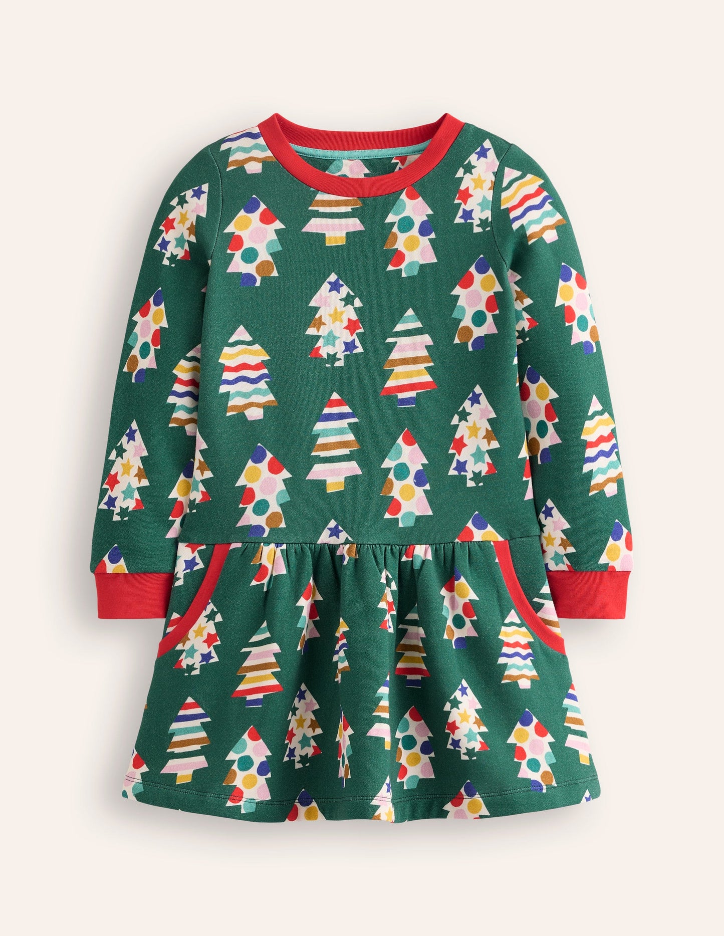 Cosy Printed Sweatshirt Dress -Jewel Green Christmas Trees