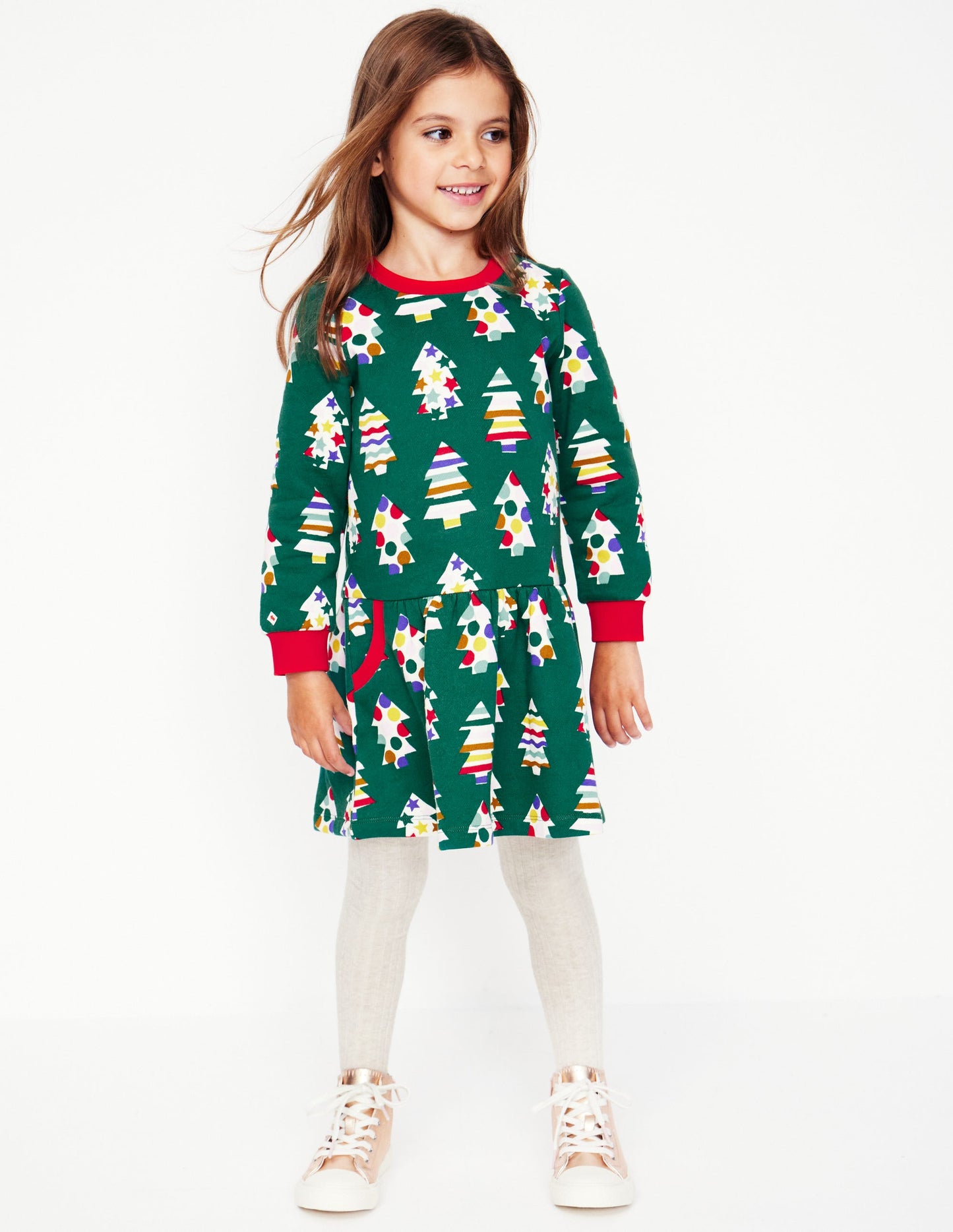 Cosy Printed Sweatshirt Dress -Jewel Green Christmas Trees