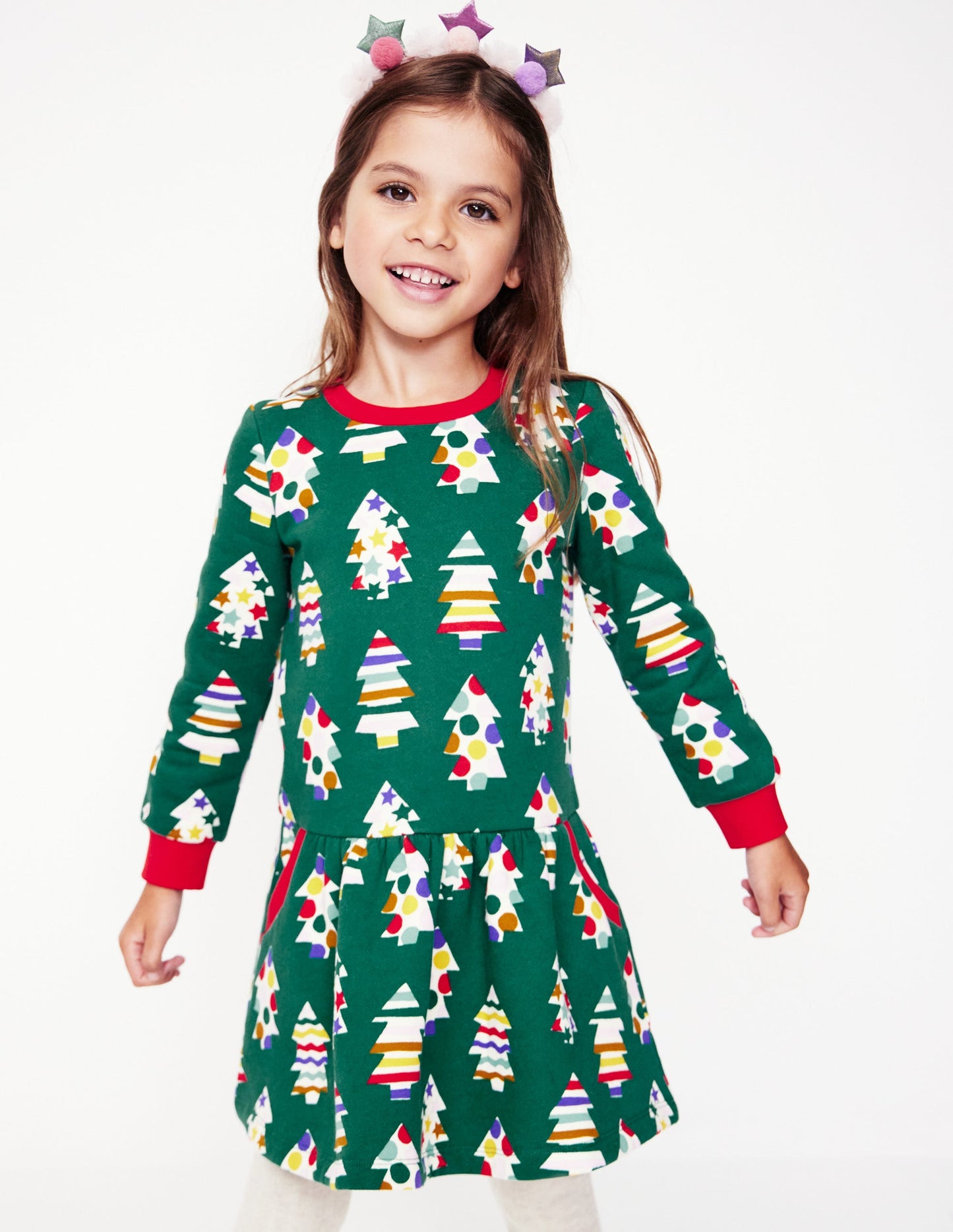 Cosy Printed Sweatshirt Dress -Jewel Green Christmas Trees