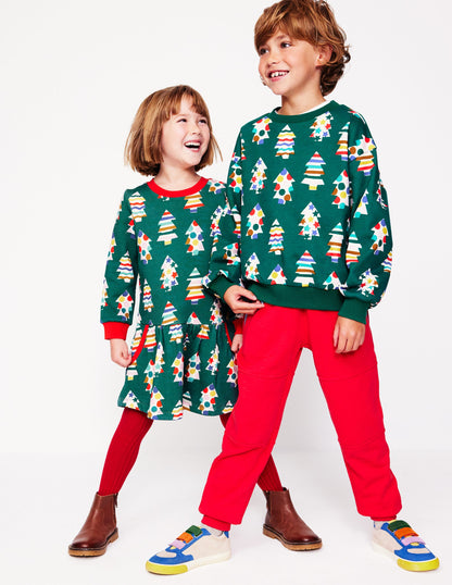 Cosy Printed Sweatshirt Dress -Jewel Green Christmas Trees