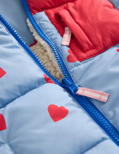 Reversible Padded Borg Coat-Blue/Red Ditsy Hearts