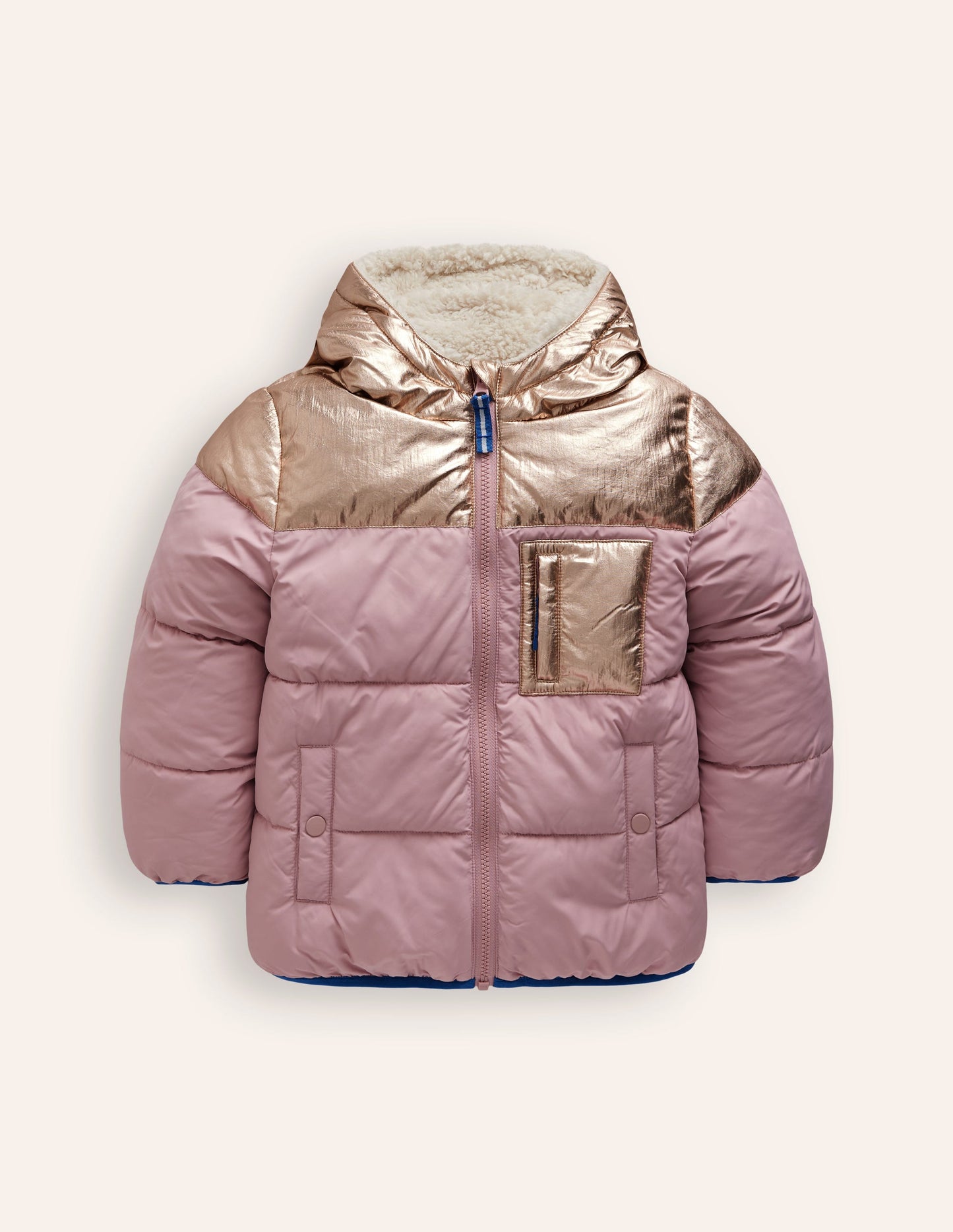 Reversible Padded Borg Coat-Pink Metallic Colourblock