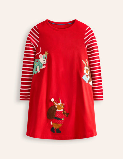 Elsie Big Appliqué Dress -Poppy Red Peeping Friends