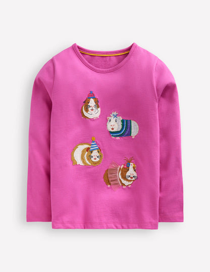 Appliqué Long Sleeve Top-Tickled Pink Guinea Pigs