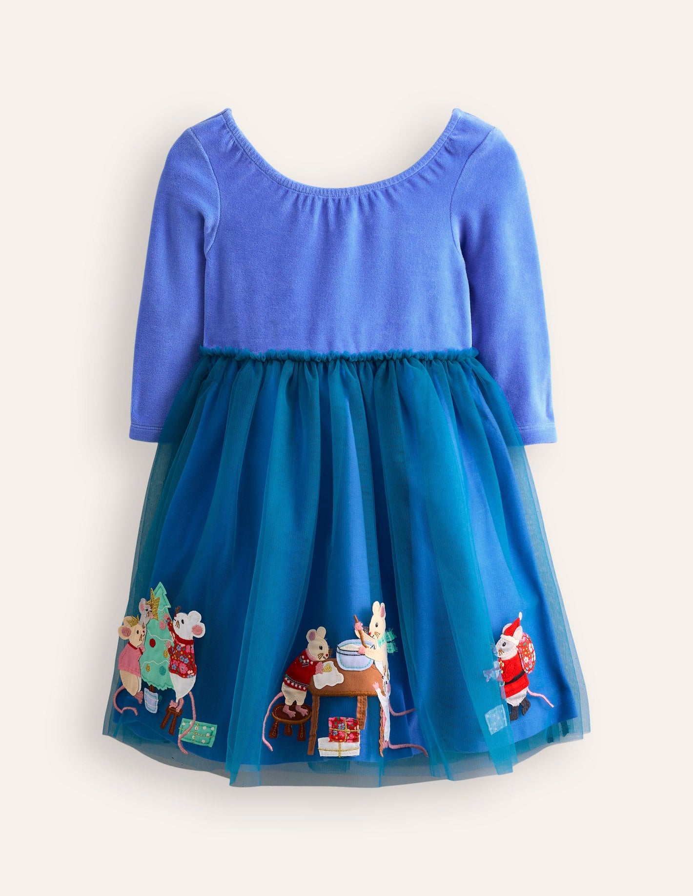 Velvet Tulle Appliqué Dress -Bluejay Festive Mice