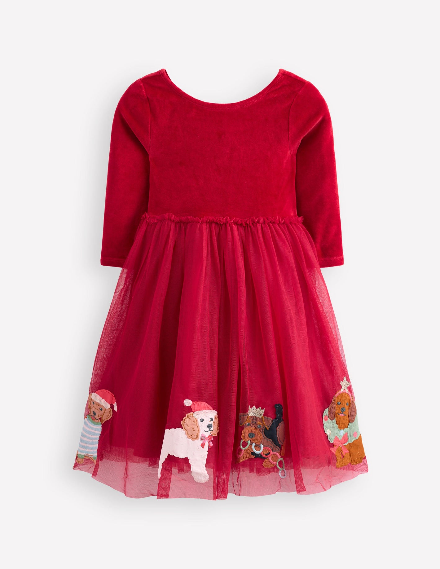 Velvet Tulle Appliqué Dress -Carmine Red Festive Dogs