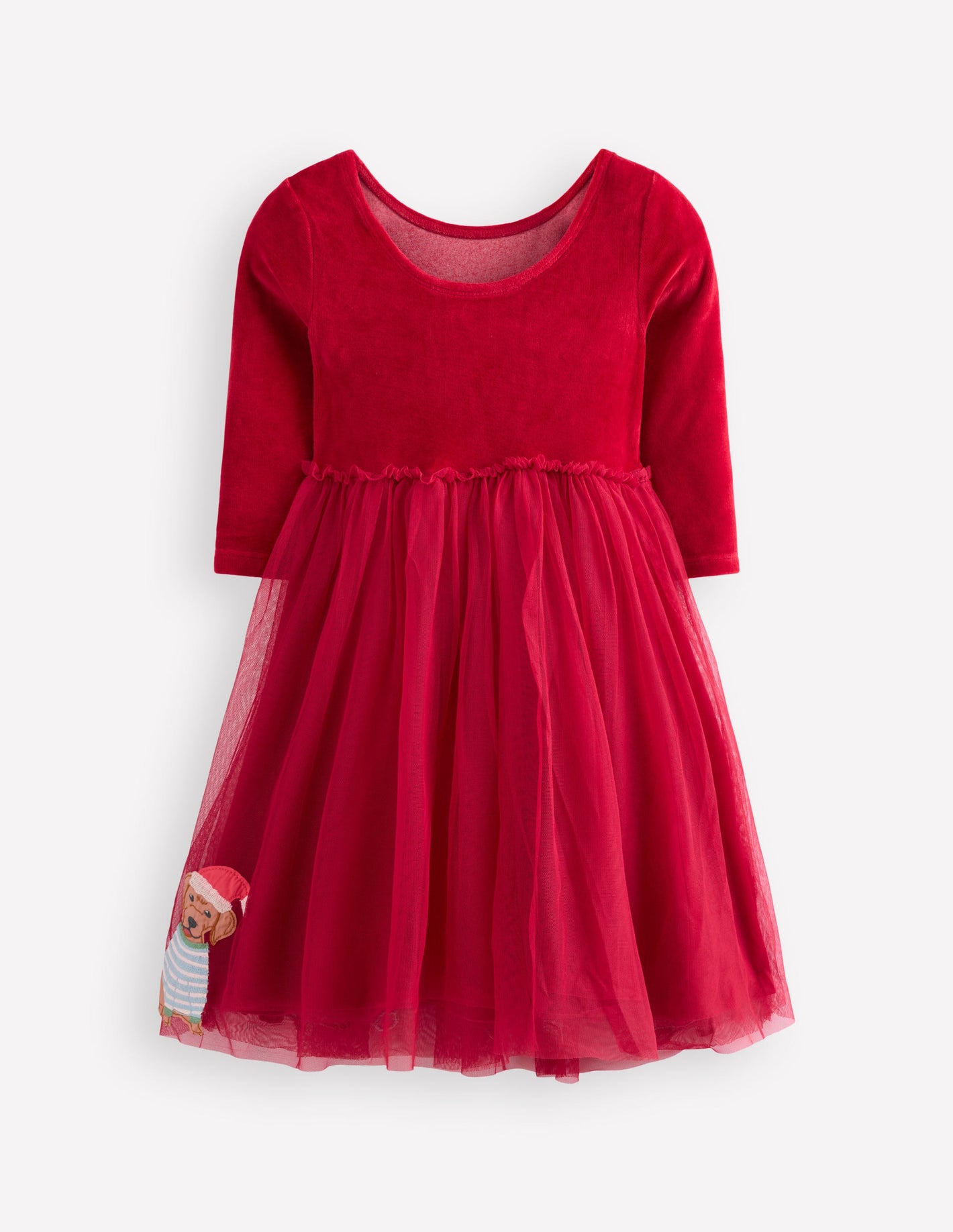 Velvet Tulle Appliqué Dress -Carmine Red Festive Dogs