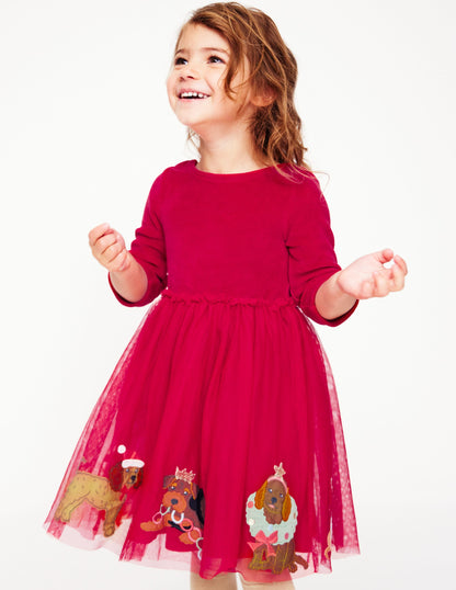 Velvet Tulle Appliqué Dress -Carmine Red Festive Dogs