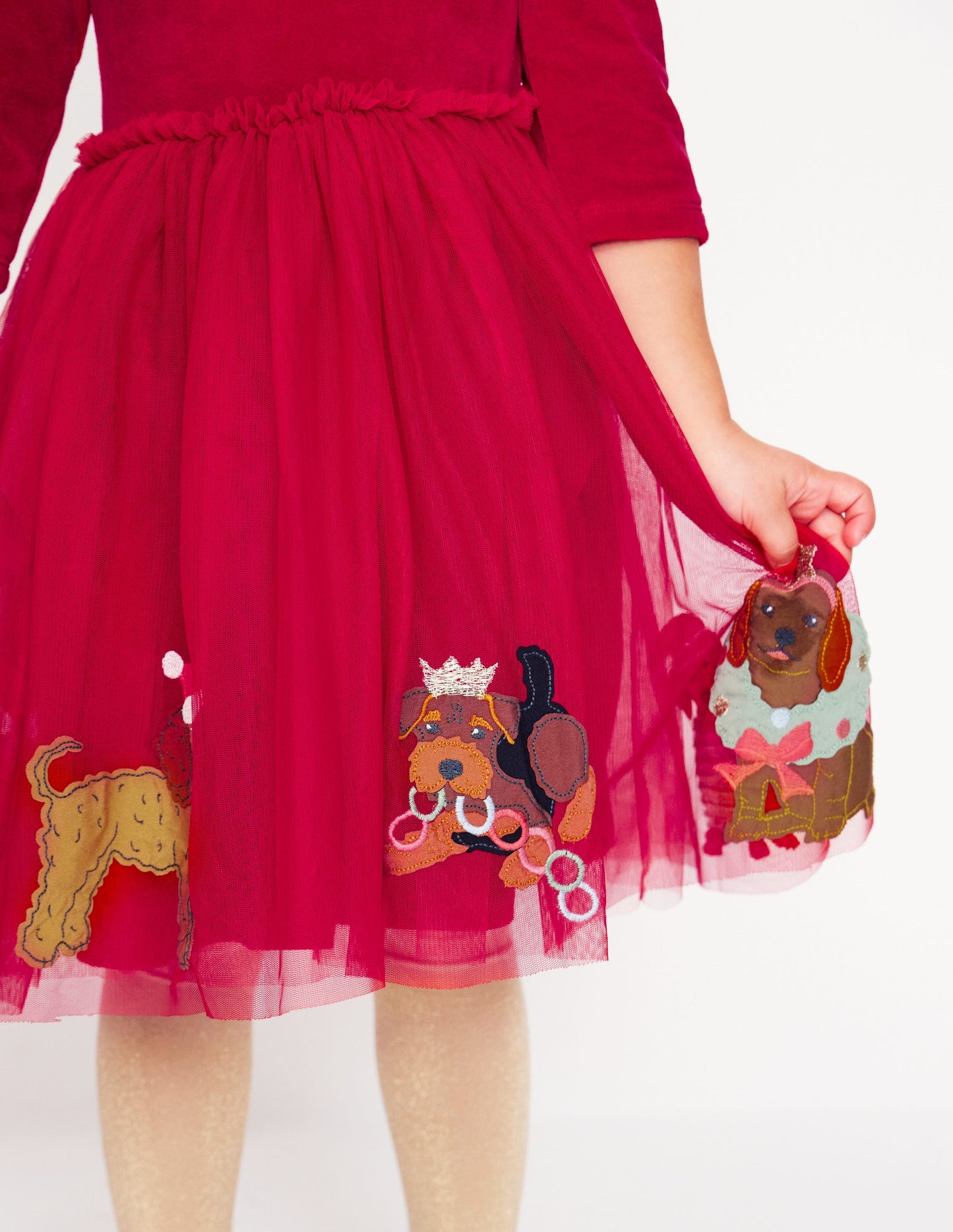 Velvet Tulle Appliqué Dress -Carmine Red Festive Dogs