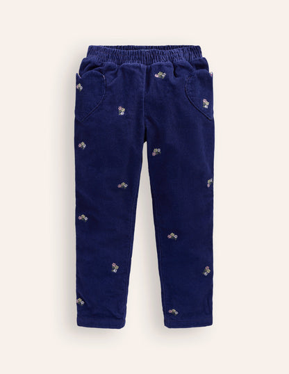 Lined Cord Pull-On Trousers -College Navy Embroidery