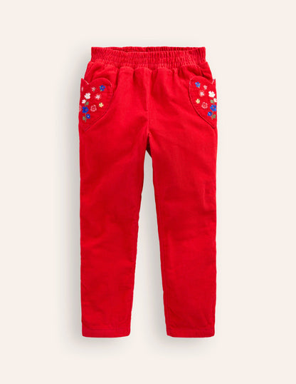 Lined Cord Pull-On Trousers-Sunset Orange Embroidery