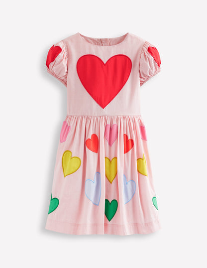 Puff Sleeve Heart Dress-Light Pink Hearts