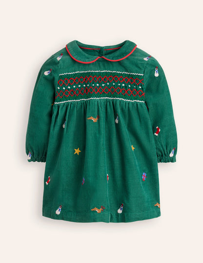 Woven Party Dress-Jewel Green Embroidery