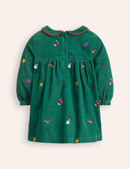 Woven Party Dress-Jewel Green Embroidery