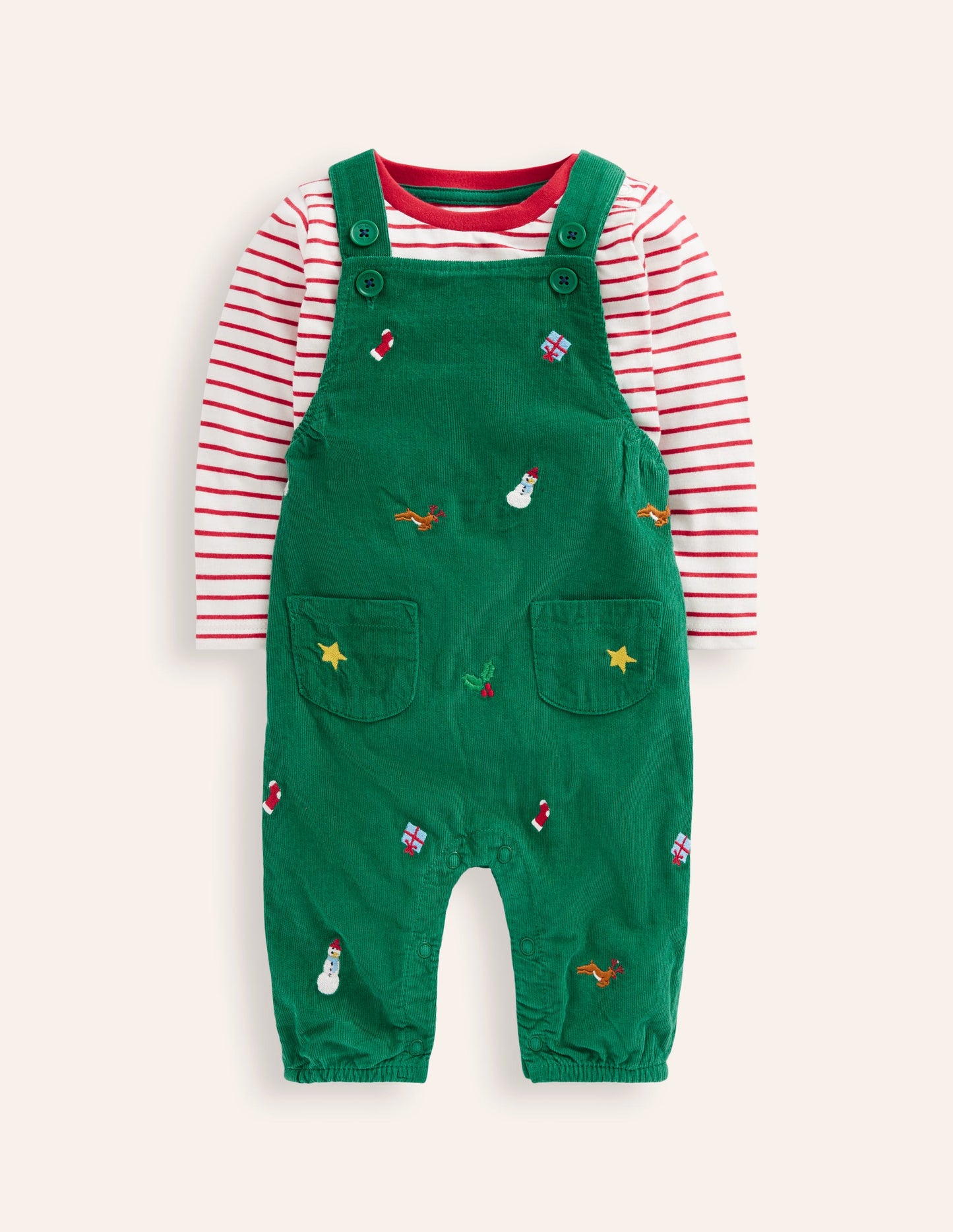 Cord Novelty Dungaree Set-Jewel Green Embroidery