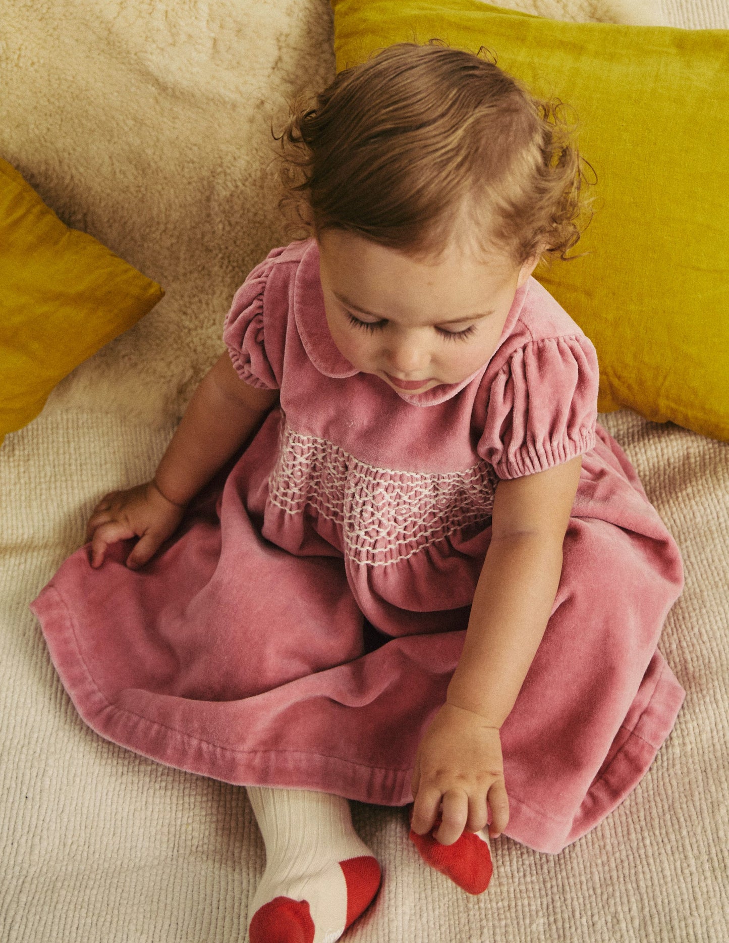 Velvet Smocked Dress-Almond Pink