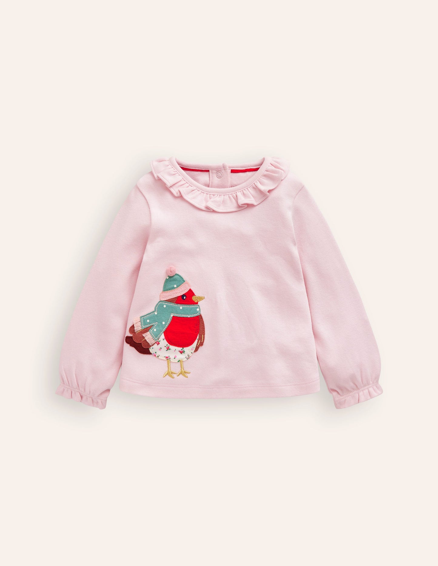 Ruffle neck T-shirt-French Pink Robin