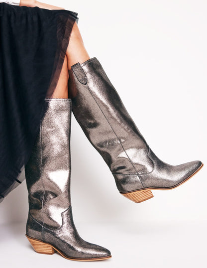 Western Knee High Boots-Silver