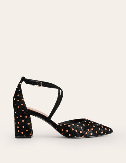 Strap Block Heel Point Courts-Black and Camel Spot