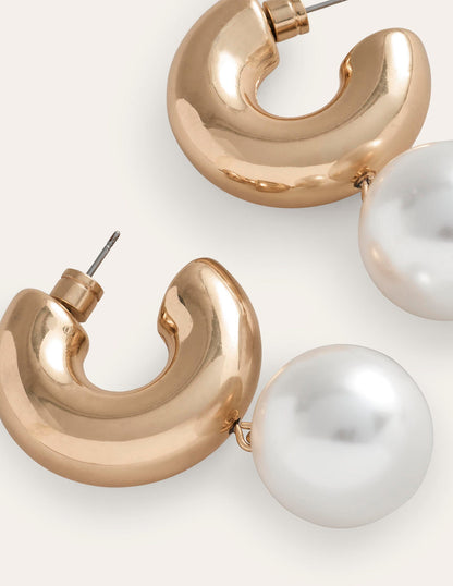 Faux Pearl Hoop Earrings-Gold