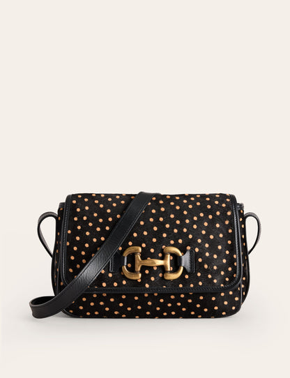 Iris Snaffle Leather Bag-Black and Camel Spot