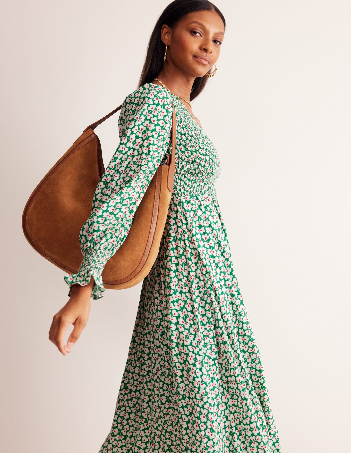 Gemma Smocked Midi Dress-Green Tambourine, Clover Whirl