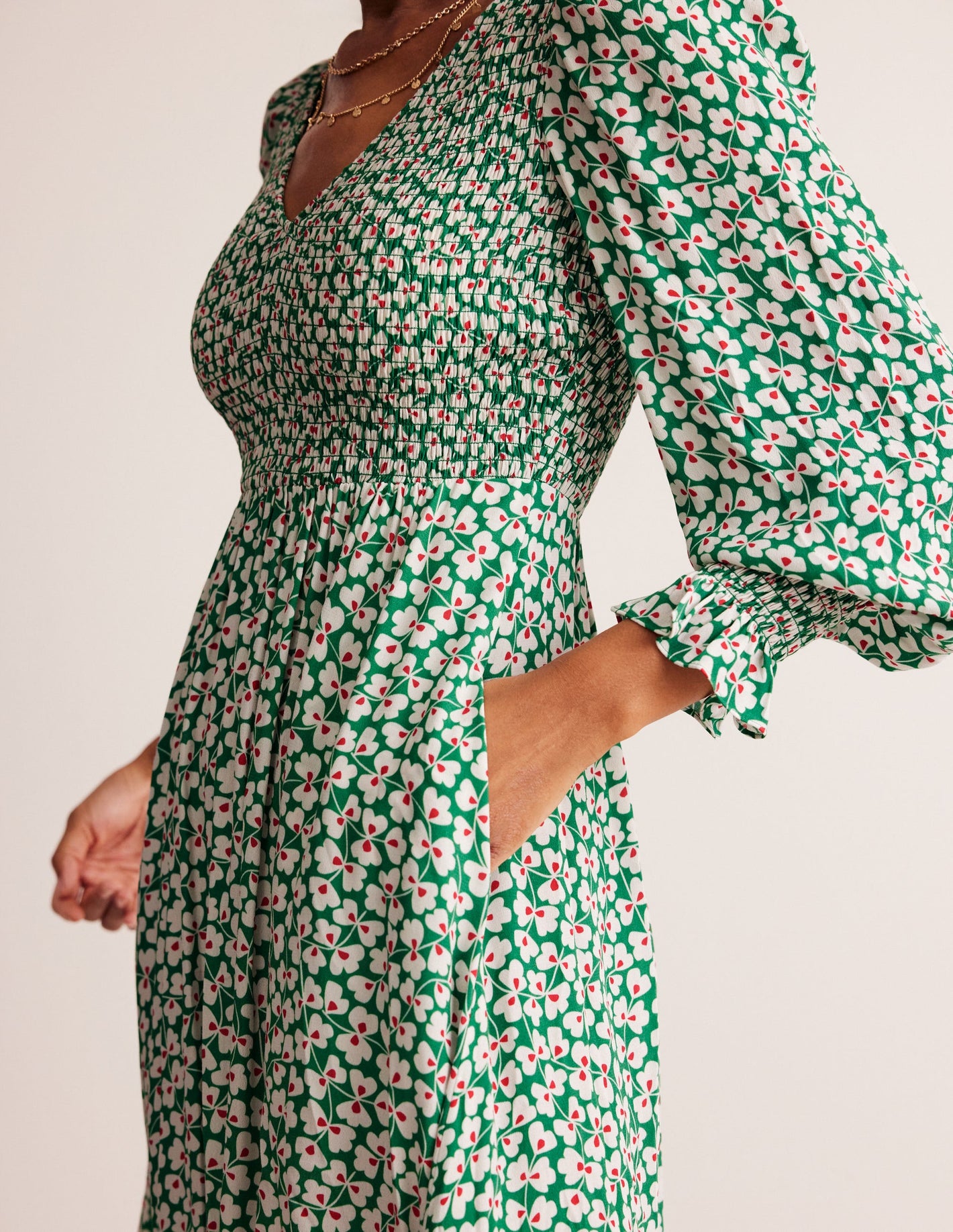 Gemma Smocked Midi Dress-Green Tambourine, Clover Whirl