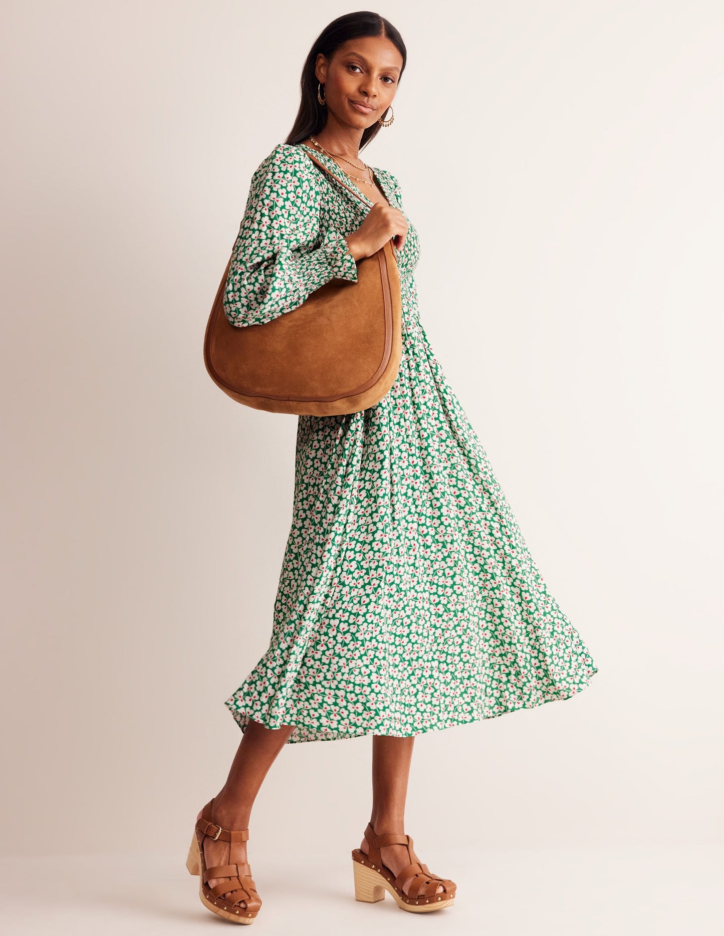 Gemma Smocked Midi Dress-Green Tambourine, Clover Whirl